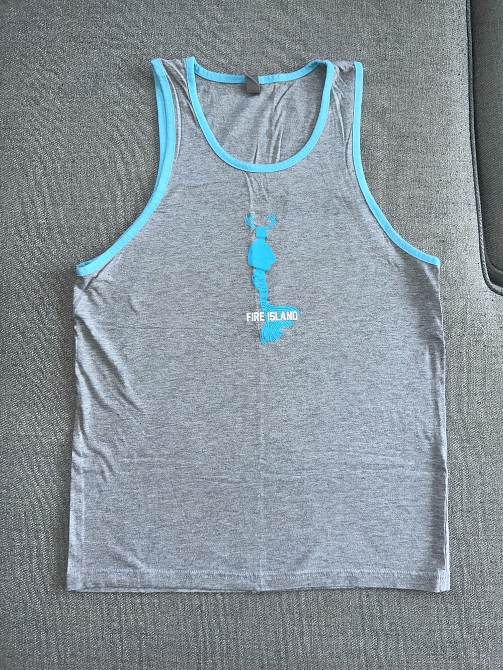 Fire Island Men's Grey Tank Top with Blue Trim Size Small